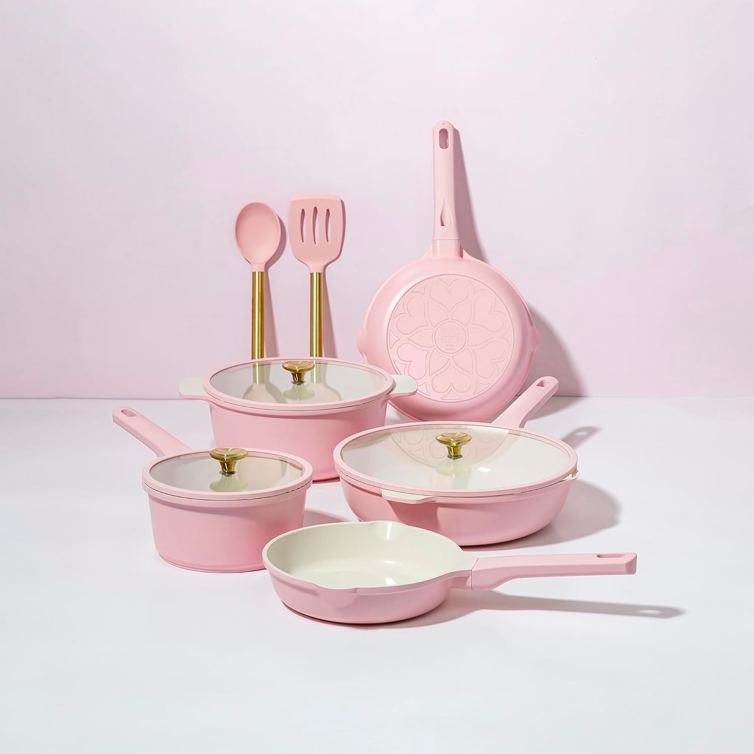 Paris Hilton Ceramic Nonstick Pots and Pans, Cookware Set, Cast Aluminum With Dual Layer Non Stick Coating, Made Without PFAS PFOA PFOS And PTFE, Dishwasher Safe, 10-Piece, Pink