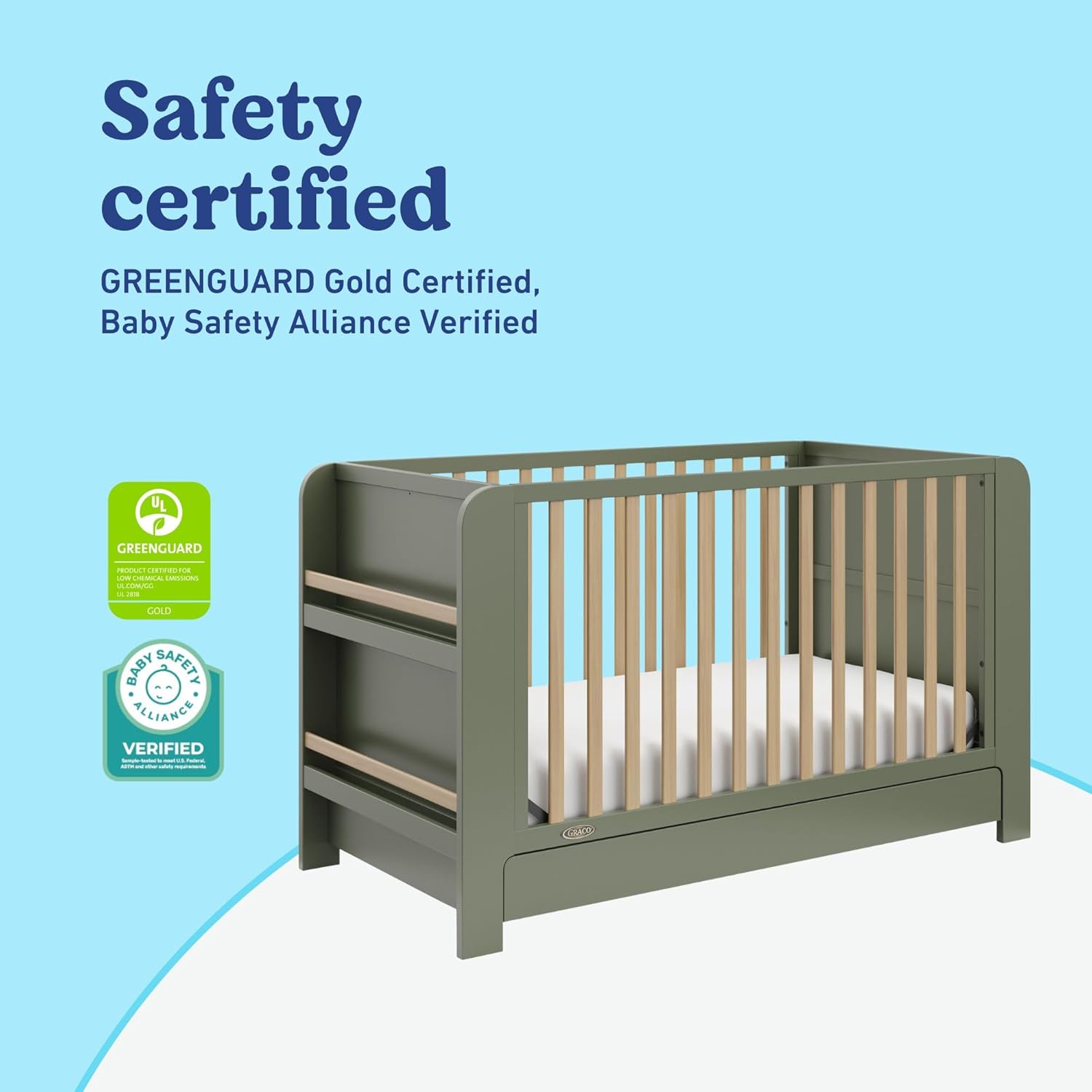 Graco Read-with-Me 4-in-1 Convertible Crib with Drawer - GREENGUARD Gold Certified Converts to Toddler Bed, Daybed, and Functional Bookshelves (Olive and Driftwood)