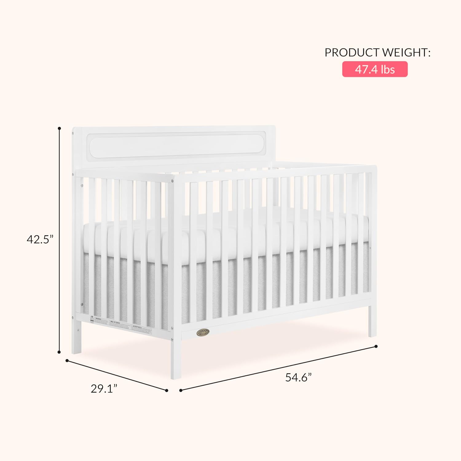 Dream On Me Avery 5-in-1 Convertible Full-Size Baby Crib in White, Converts to Toddler Bed, Daybed & Full-Size Bed, 3 Adjustable Mattress Heights, Greenguard Gold & BSA Certified