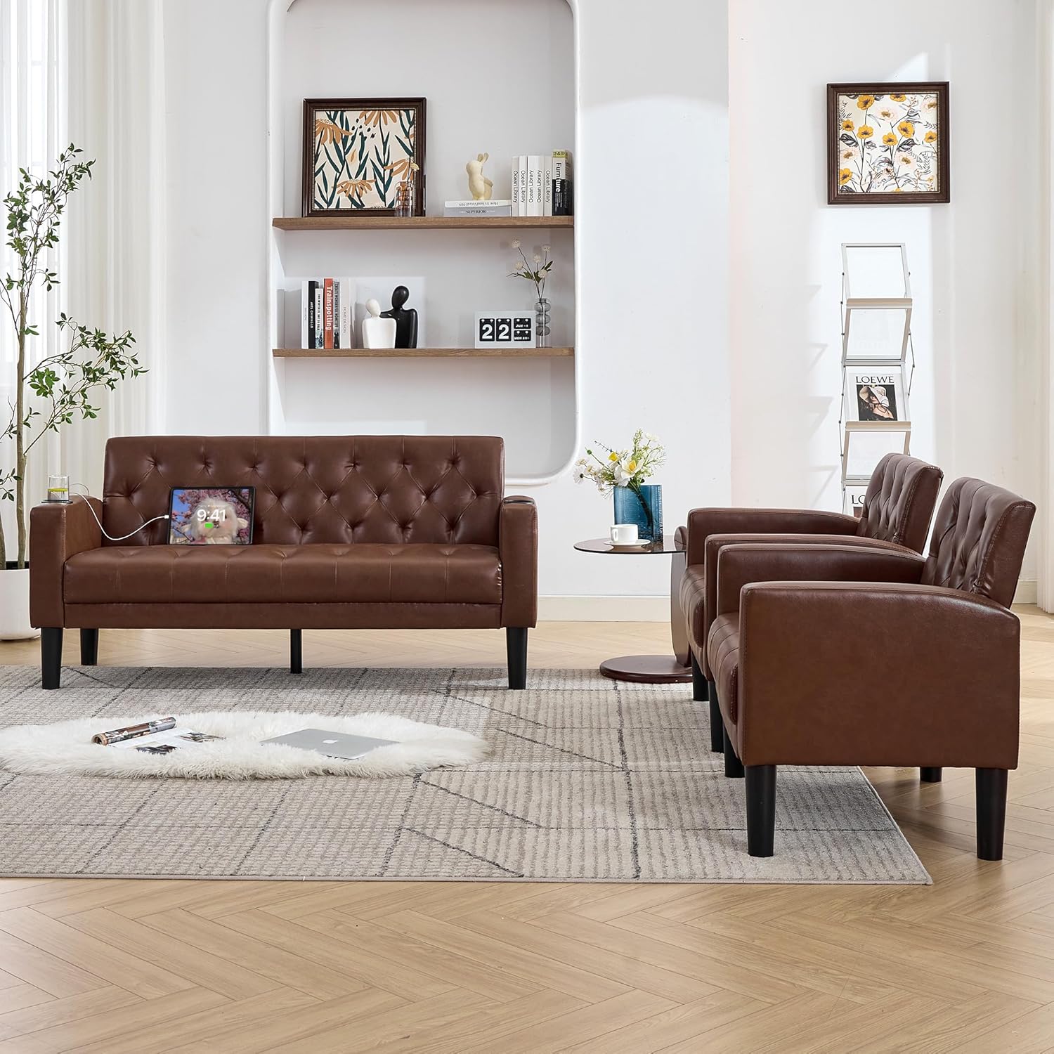 TYBOATLE 62" W Leather Loveseat w/Chairs, 3 Piece Sofa Sets for Living Room w/ 2 USB Charger Ports and 2 Cupholders, Living Room Furniture Sets of 3 (3, Brown)