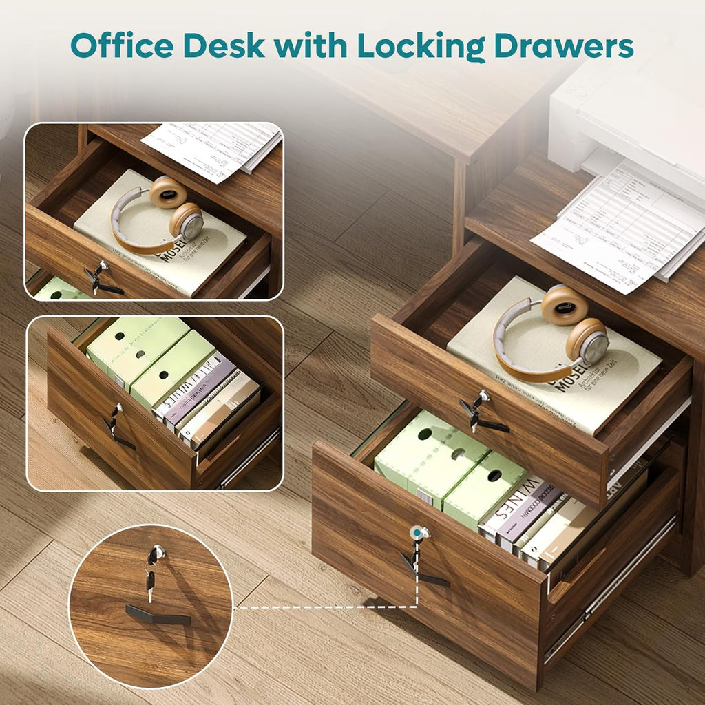 Bestier 55 Inch Wood Computer Desk with Lockable File Drawer, Charging Station & LED Lights - Home Office Desk with Storage Shelves, Printer Shelf & Monitor Stand, Wooden Desk for Study & Work, Walnut