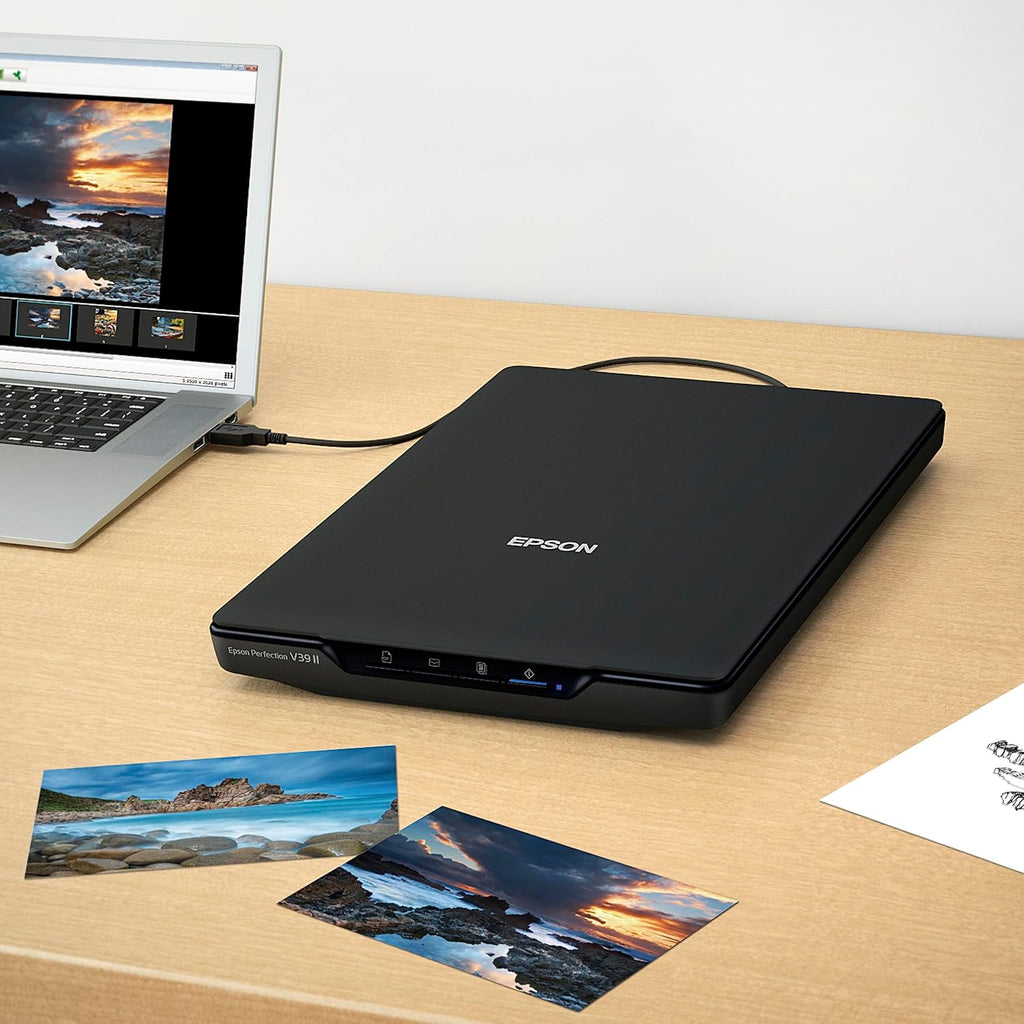 Epson - Perfection V39 II - Color Photo, Tax Receipt & Document Flatbed Scanner - 4800 dpi Optical Resolution - High-Rise, Removable Lid - Scan to Cloud - USB Power - Image Scanning - Black