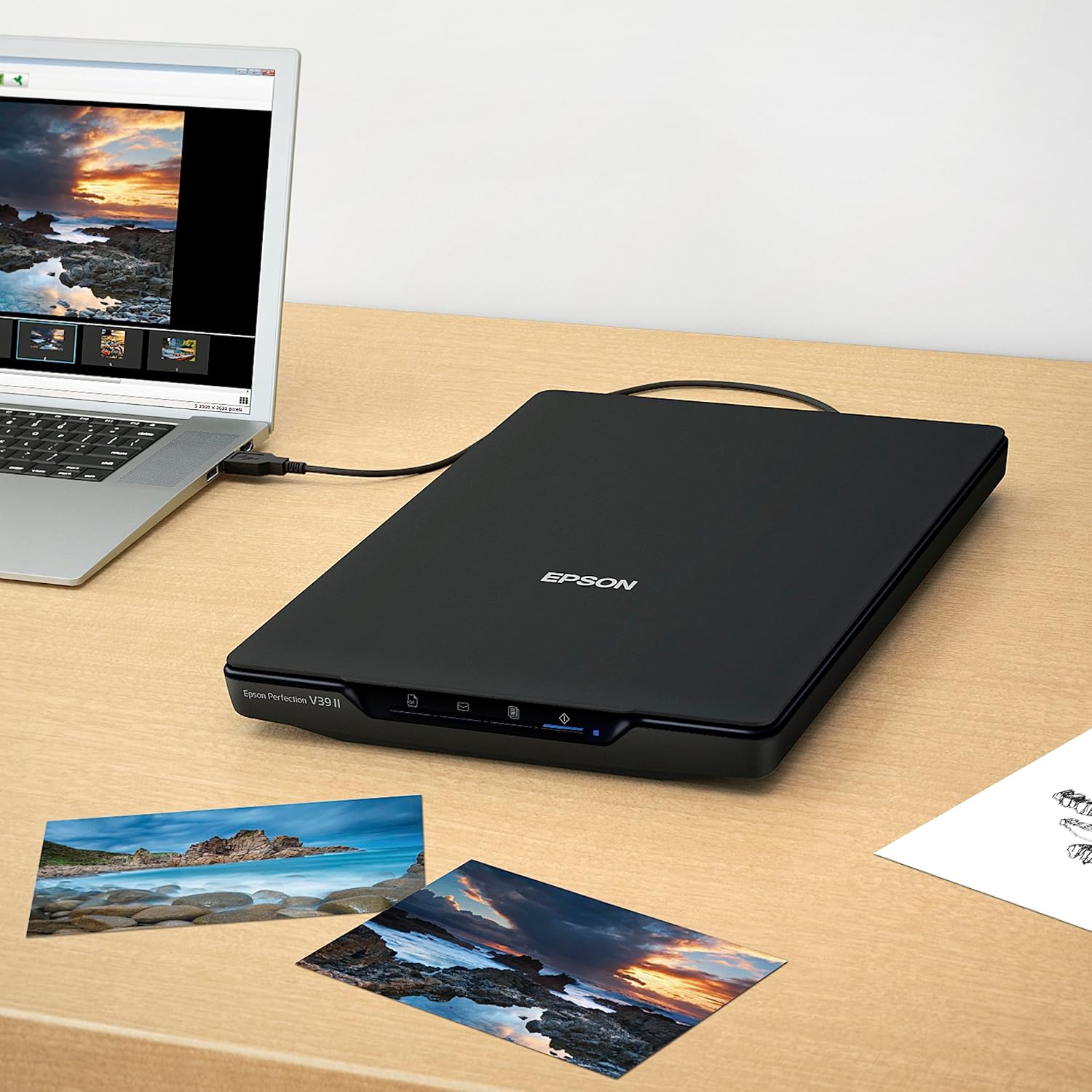 Epson - Perfection V39 II - Color Photo, Tax Receipt & Document Flatbed Scanner - 4800 dpi Optical Resolution - High-Rise, Removable Lid - Scan to Cloud - USB Power - Image Scanning - Black