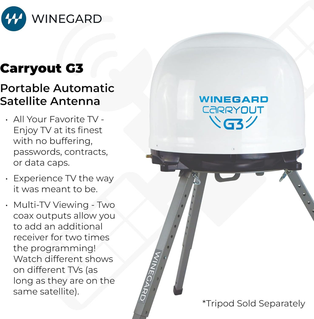 Winegard GM‑9000 Carryout G3 - Automatic Portable Satellite TV Antenna - Dual Receiver Outputs – DIRECTV, Dish & Bell - RV, Camping, Tailgating & Outdoor Entertainment - White