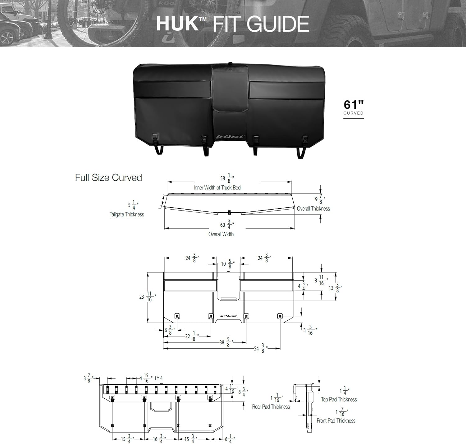 KUAT HUK 61" Curved Durable Soft-Touch TPU Padded Pickup Truck Tailgate Bike Hauling Transportation Easy-Access Protective Pad w/Nylon Straps, Metal G-Hook Buckles & Roll-Up Window, Black