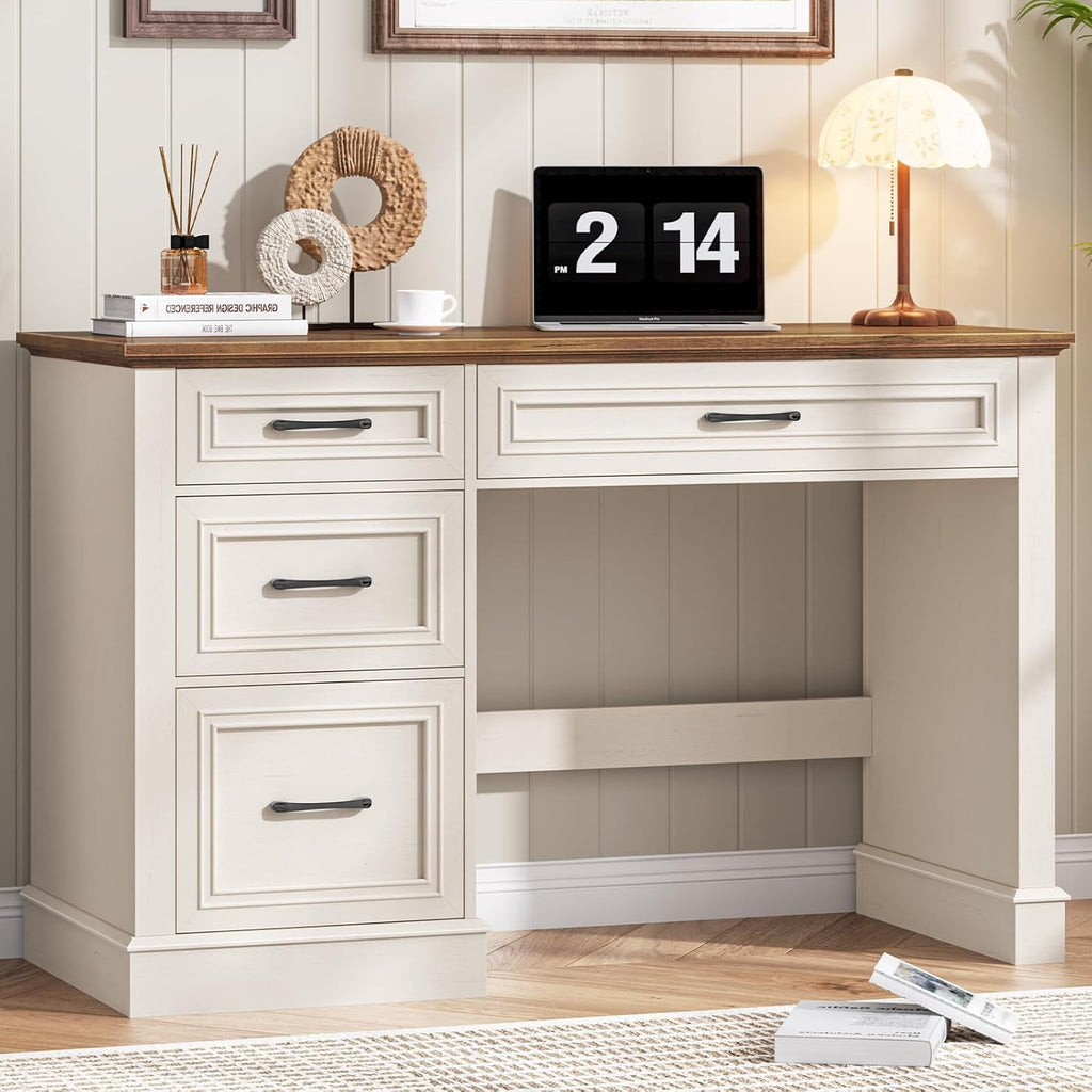 Vabches Farmhouse 47" Executive Desk with 3 Drawers and Adjustable File Drawer, Workstation Computer Desk for Home Office, Study, Unique White.