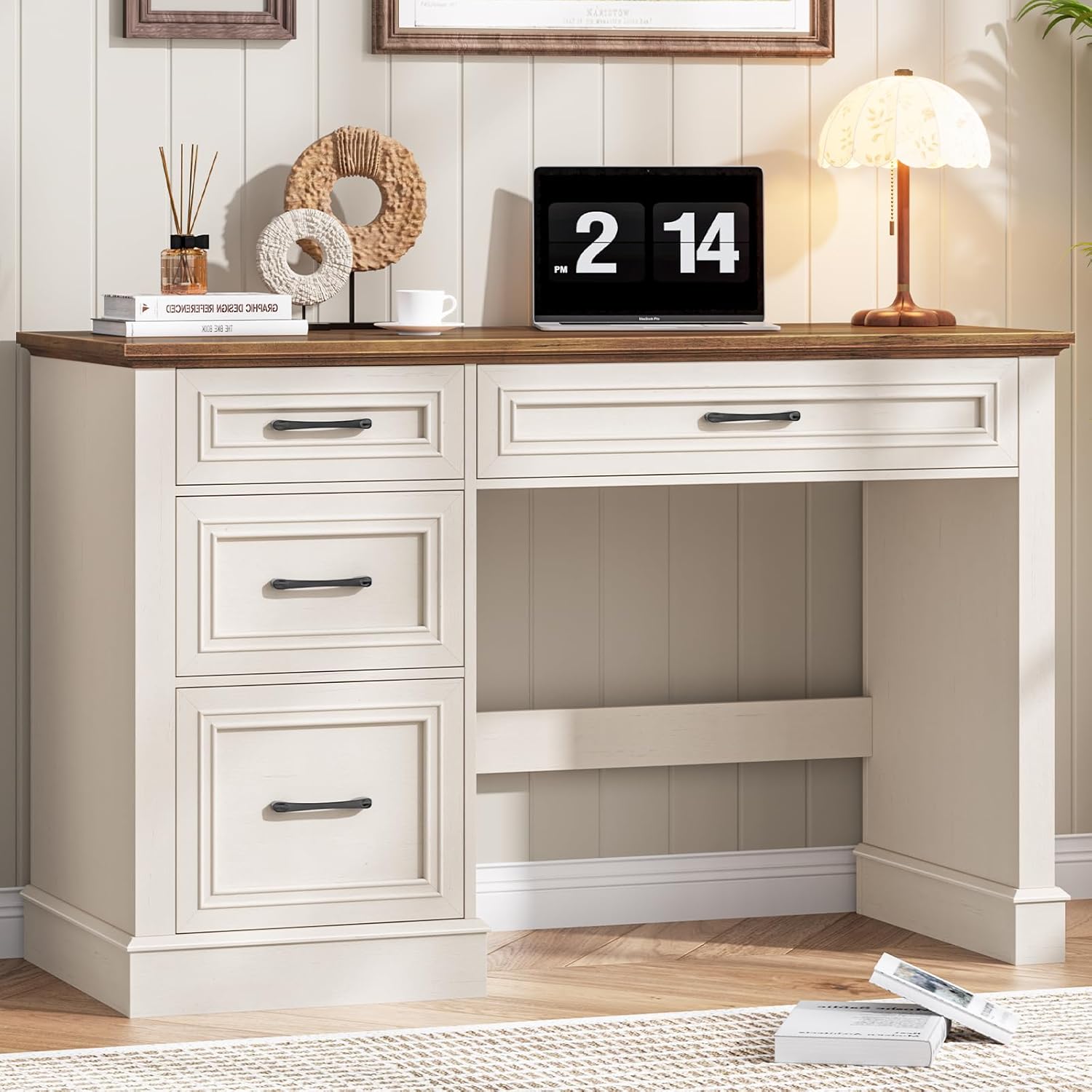 Vabches Farmhouse 47" Executive Desk with 3 Drawers and Adjustable File Drawer, Workstation Computer Desk for Home Office, Study, Unique White.