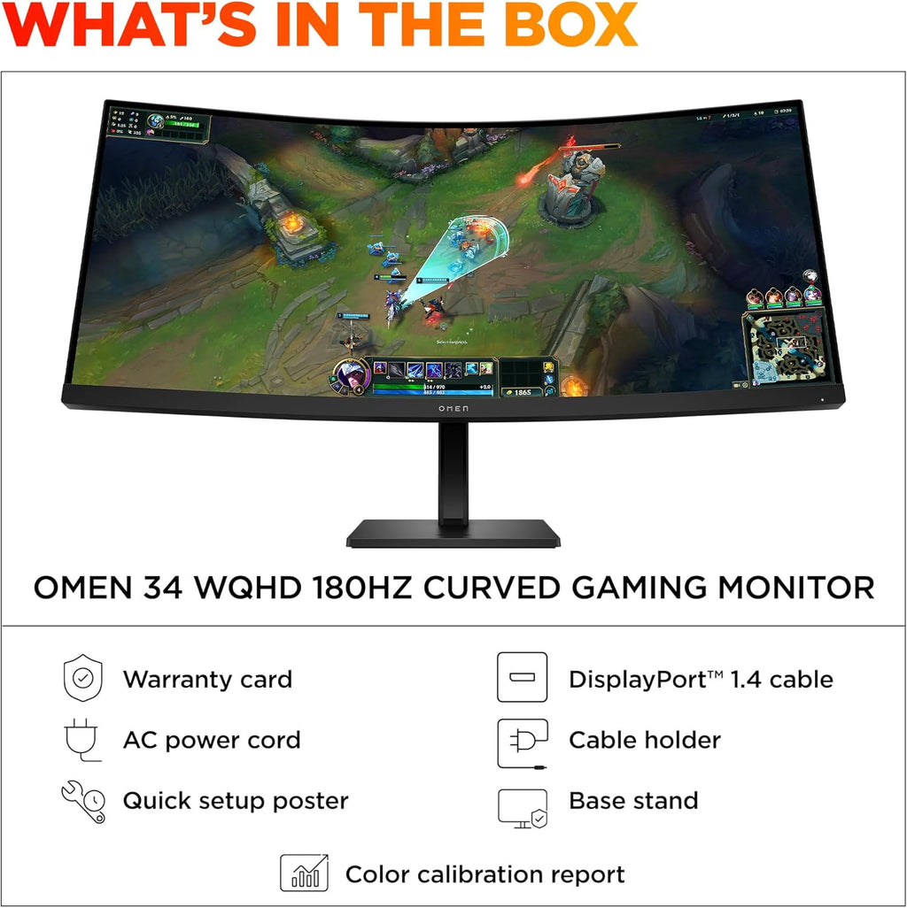 HP OMEN 34 inch WQHD 180Hz Curved Gaming Monitor, Wide QHD Display (3440 x 1440), VA Panel, VESA DisplayHDR 400, 1ms MPRT (with Overdrive), AMD FreeSync Premium Technology, Black, OMEN 34c G2 (2025)