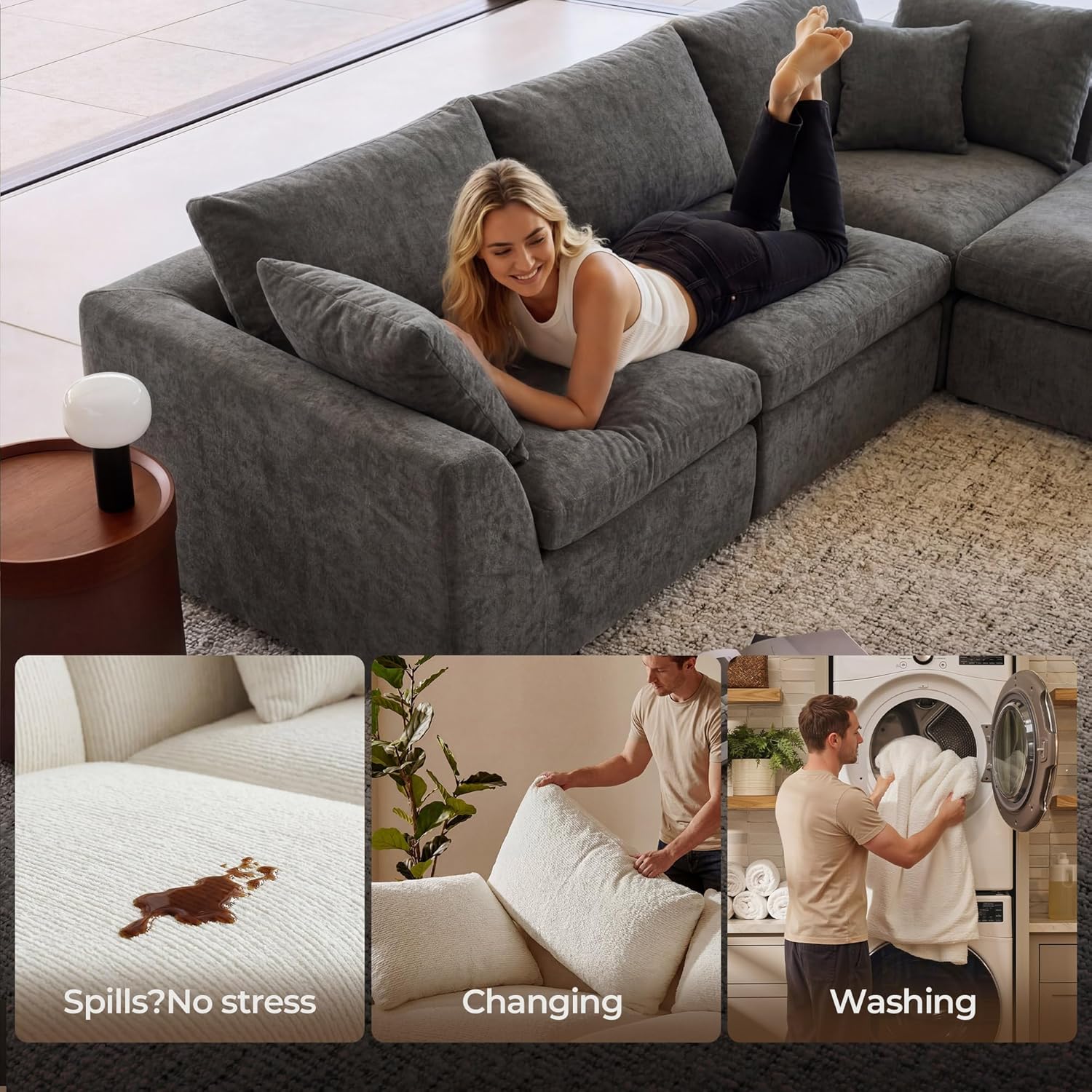 Amsleekey 108" Cloud Sectional Couches, with 1 Extra Washable Cover, L Shaped 25.6" Deep Seat Couch with Ottoman, Oversized Comfy Living Room Sofa, DIY Color Refresh (White Sofa + Gray Cover Set)