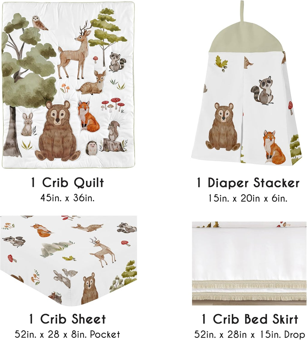 Sweet Jojo Designs 4-Piece Baby Crib Bedding Set (Woodland Animals) for Boys or Girls, Infants/Nursery incl. Blanket, Fitted Sheet, Skirt, Diaper Stacker (Neutral Theme, Forest Animal, Bear, Hedgehog)