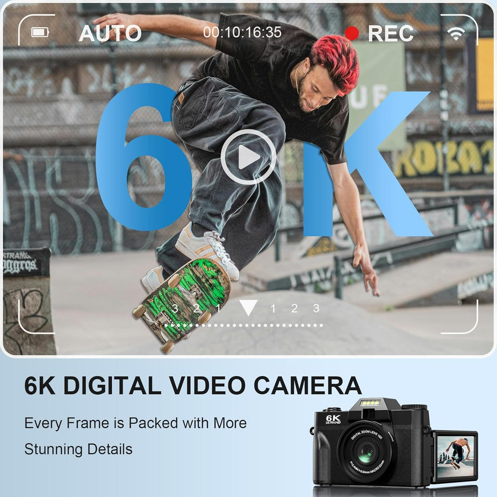 Yatao Digital Cameras for Photography and Vlogging, 6K 64MP Flip Screen, Dual Lens, Microphone for Video, 64GB TF Card, Compact Photo WiFi Camera for YouTube Kit Travel, Beginners (Black)