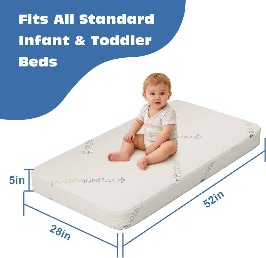 Crib & Toddler Mattress, 100% Organic Cotton Cover, Breathable, Premium Foam Interior, 5'' Thickness Firm, Fits Any Standard Size Baby Crib & Toddler Bed