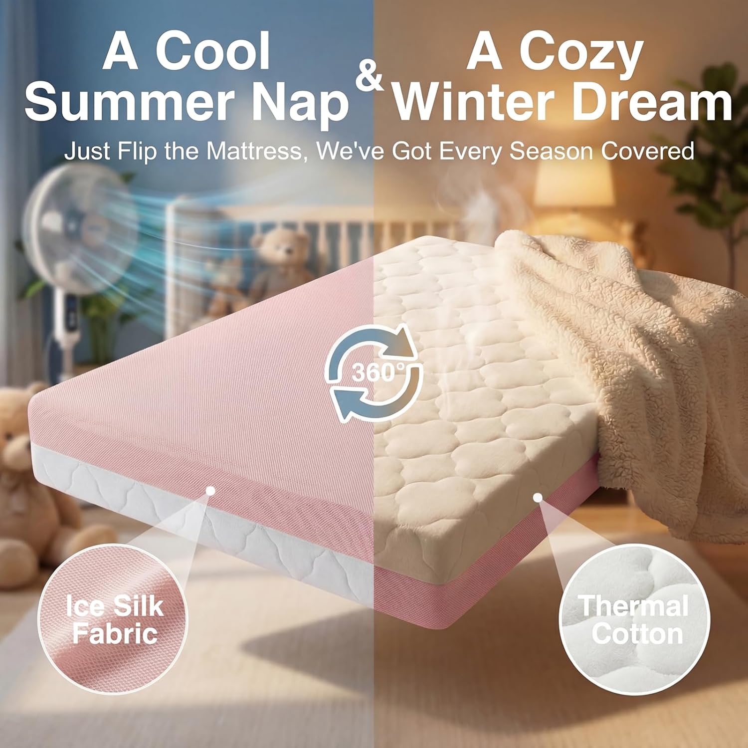 Dual Sided Baby Crib Mattress, 5 Inch Thick Soft & Firm Memory Foam Breathable Toddler Mattress, 4 in1 Standard Baby Bed Mattresses with Removable Washable Cover 52x27.6x5 - Pink