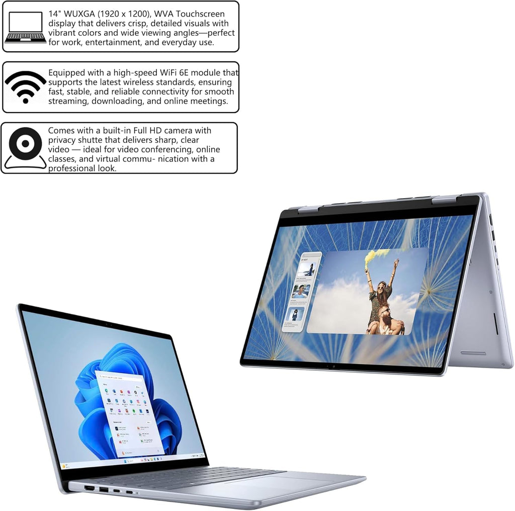 Dell Inspiron 14 7445 2-in-1 Laptop 14" WUXGA Comfortview Touchscreen AMD 6-core Ryzen 5 8640HS (>i7-1355U) 16GB RAM 512GB SSD Backlit for Creator Business Professional Win11Pro