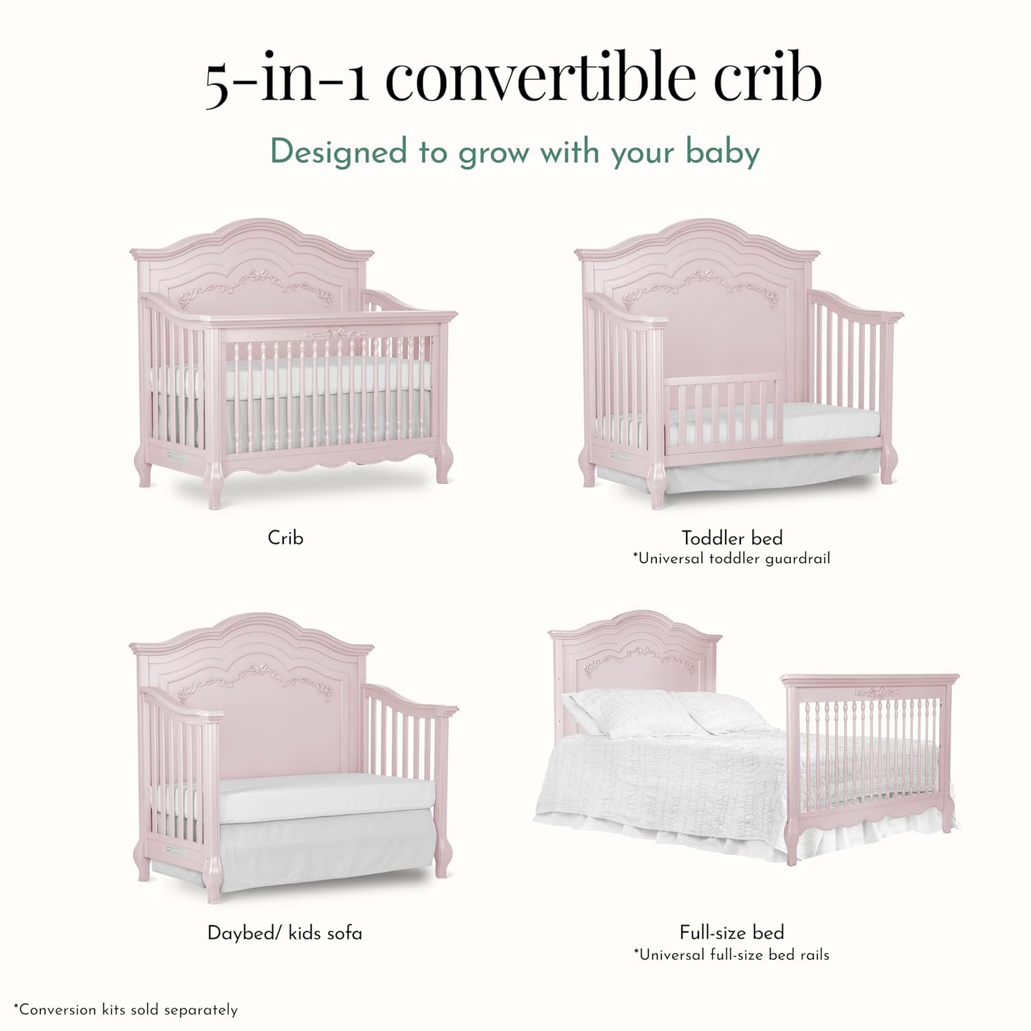 Evolur Aurora 5-in-1 Convertible Full-Size Baby Crib in Dusty Rose, 3 Mattress Heights, Ribbon Bow Scrollwork & Queen Anne Feet, Converts to Toddler, Day & Full-Size Bed