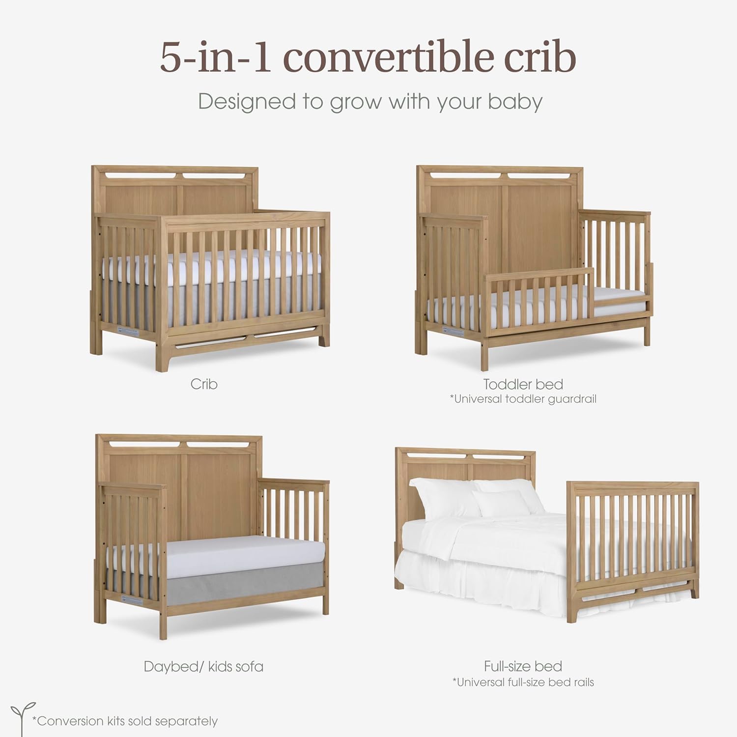 Evolur Bradford 5-in-1 Convertible Full Size Baby Crib, Pinewood Nursery Converts to Daybed, Toddler Bed and Full-Size Bed, 3 Mattress Heights, GREENGUARD Gold & BSA Certified - Alpine Oak