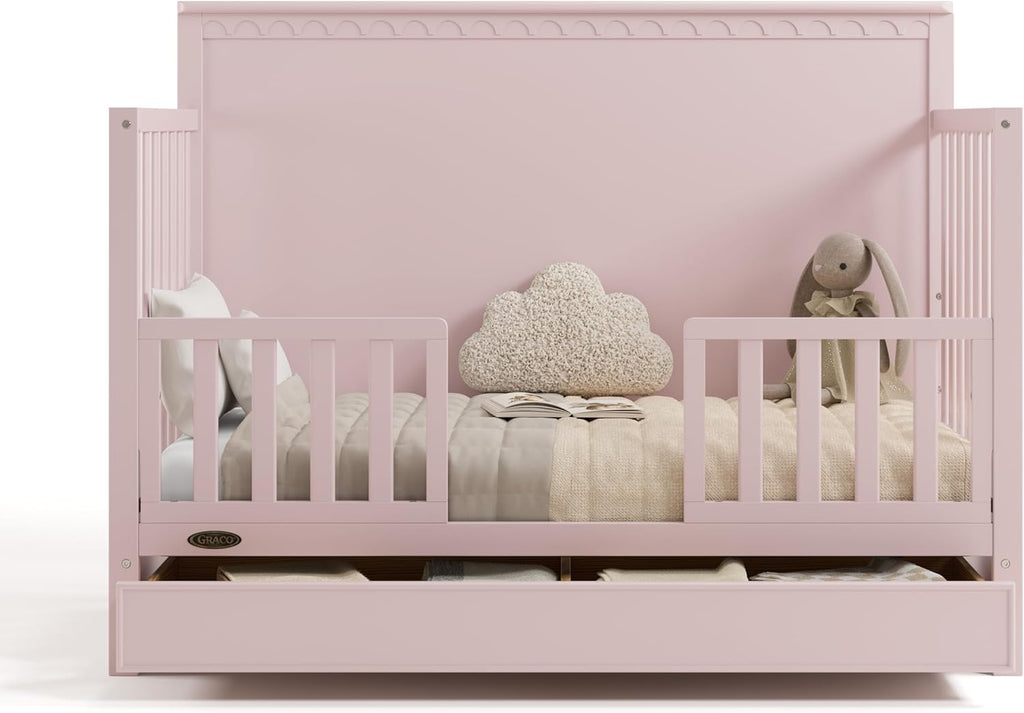 Graco Sasha 5-in-1 Convertible Crib with Drawer – GREENGUARD Gold Certified Wood Crib, Converts to Toddler Bed, Daybed, Full-Size Bed, Stylish Classic Design (Blush)