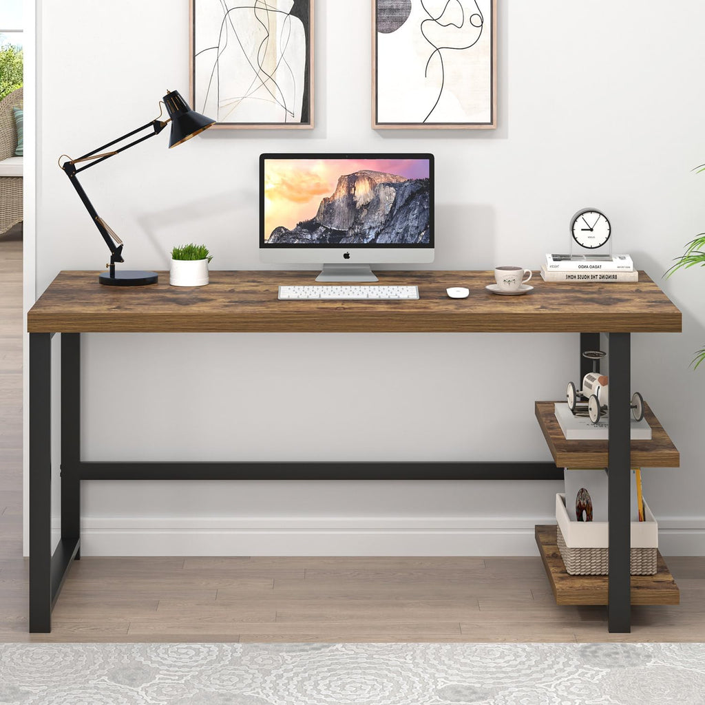 EXCEFUR Modern Computer Desk, Home Office Desk with Storage Shelf, Wood Study Writing Table Workstation for Bedroom Living Room, Rustic Brown, 53 Inch