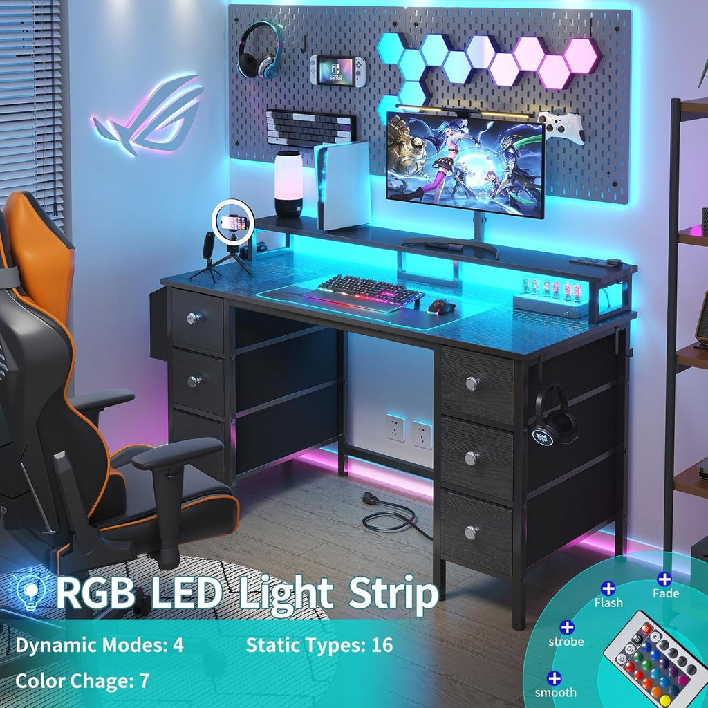 Lufeiya Gaming Desk with LED Lights and Power Outlets, 47 inch Computer Desk with Fabric Drawers & Storage Shelves, Home Office Desk with Monitor Stand, Black