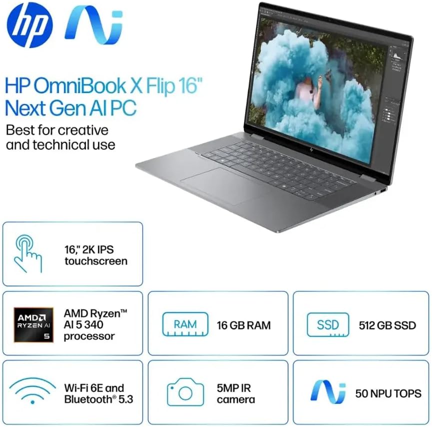 HP OmniBook X Flip Copilot+ PC Laptop Computer, 2-in-1 16" FHD Touchscreen Laptop, AMD Ryzen AI 5, 16GB RAM, 512GB SSD, Lifetime Office + Stylus Pen, USB Hub, Backlit Keyboard, WiFi 6 + BT, Win 11