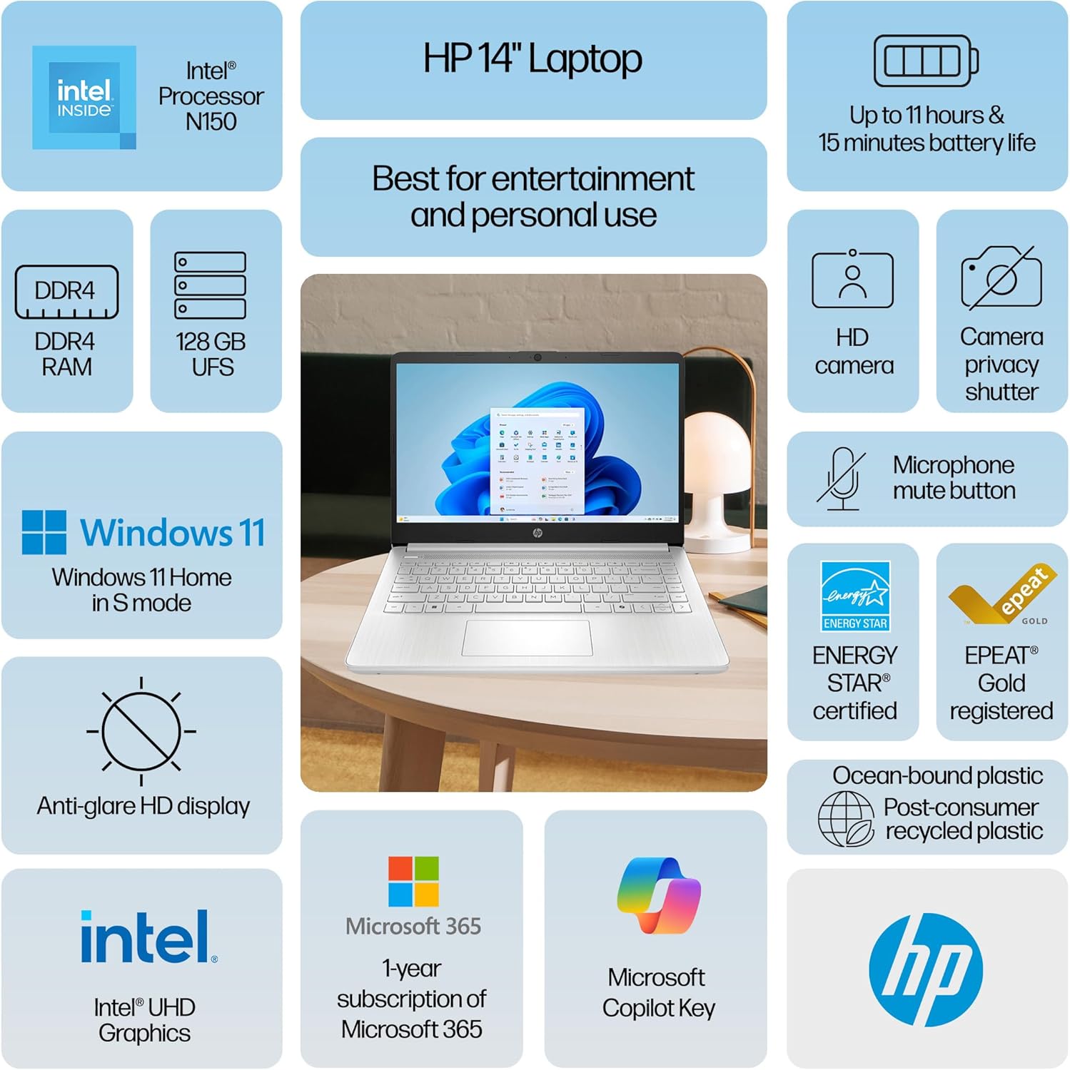 HP Laptop Computer for Student Daily Study, 1-Year Microsoft Office 365, Intel Processor N150, 4GB RAM, 128GB Storage, Long Battery Life & Fast Charging, Windows 11 Home, Natural Silver