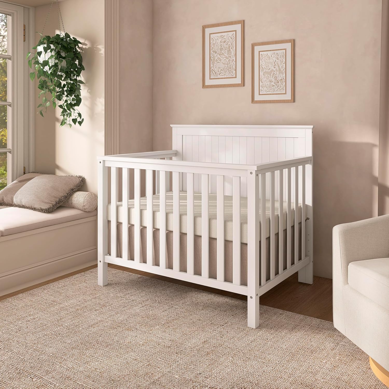 Dream On Me Ava 4-in-1 Mini Baby Crib with Daybed & Twin Bed Conversion in White, GreenGuard Gold & BSA, Non-Toxic Finish, 3-Position Adjustable Height, Includes 1″ Mattress Pad