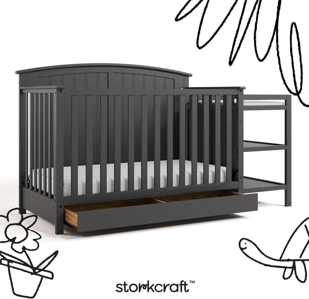 Storkcraft Steveston 5-in-1 Convertible Crib & Changer – GREENGUARD Gold Certified, Fits Standard Crib Mattress, Converts to Toddler Bed and Full Bed, 4 Adjustable Mattress Heights (Gray)