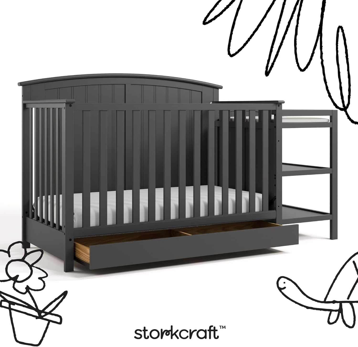 Storkcraft Steveston 5-in-1 Convertible Crib & Changer – GREENGUARD Gold Certified, Fits Standard Crib Mattress, Converts to Toddler Bed and Full Bed, 4 Adjustable Mattress Heights (Gray)
