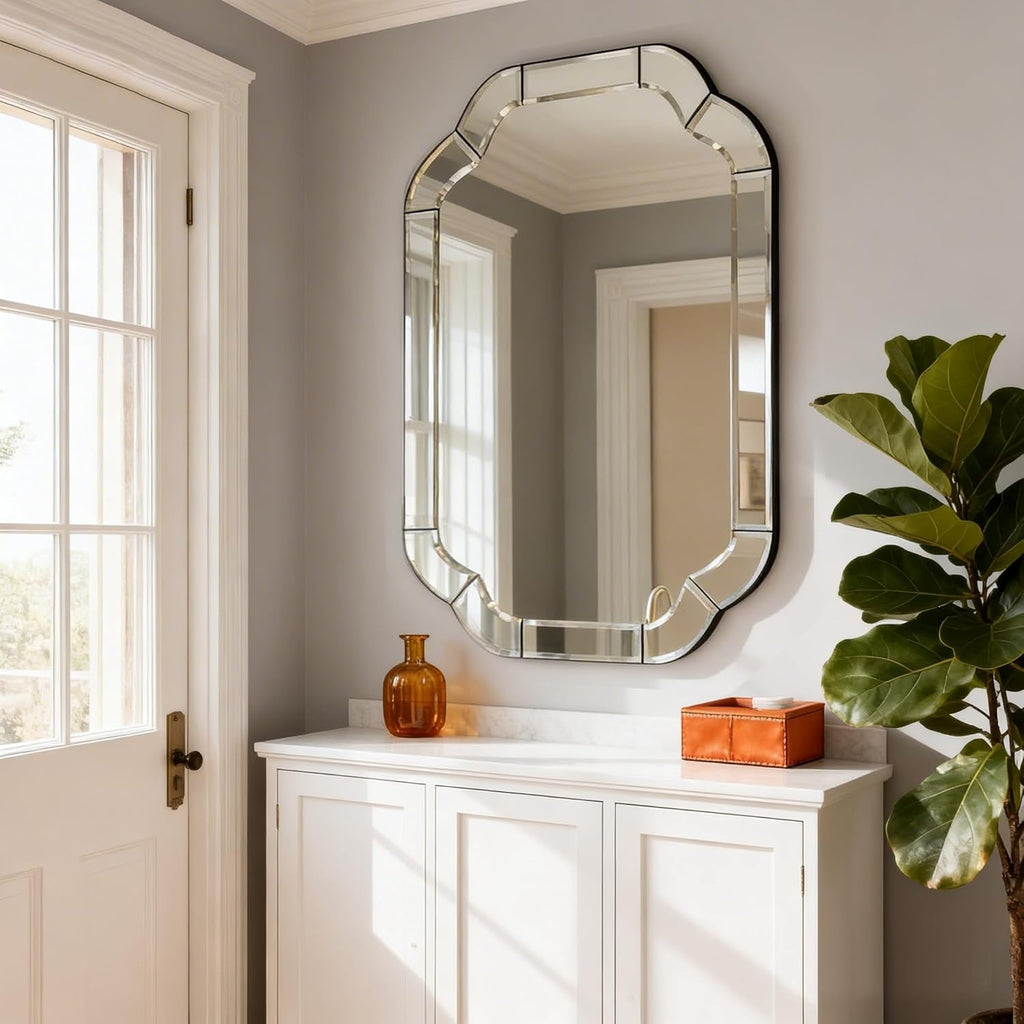 39.4" x 27.6" Wall Mounted Living Room Mirrors for Wall, Scalloped Arched Wall Mirror Decorative with Beveled Wavy Rounded Corner for Bathroom, Dining Room, Entry Way