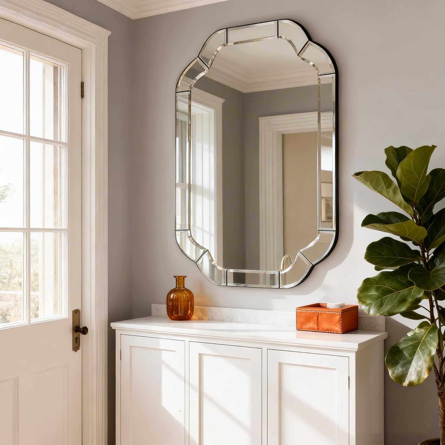 39.4" x 27.6" Wall Mounted Living Room Mirrors for Wall, Scalloped Arched Wall Mirror Decorative with Beveled Wavy Rounded Corner for Bathroom, Dining Room, Entry Way