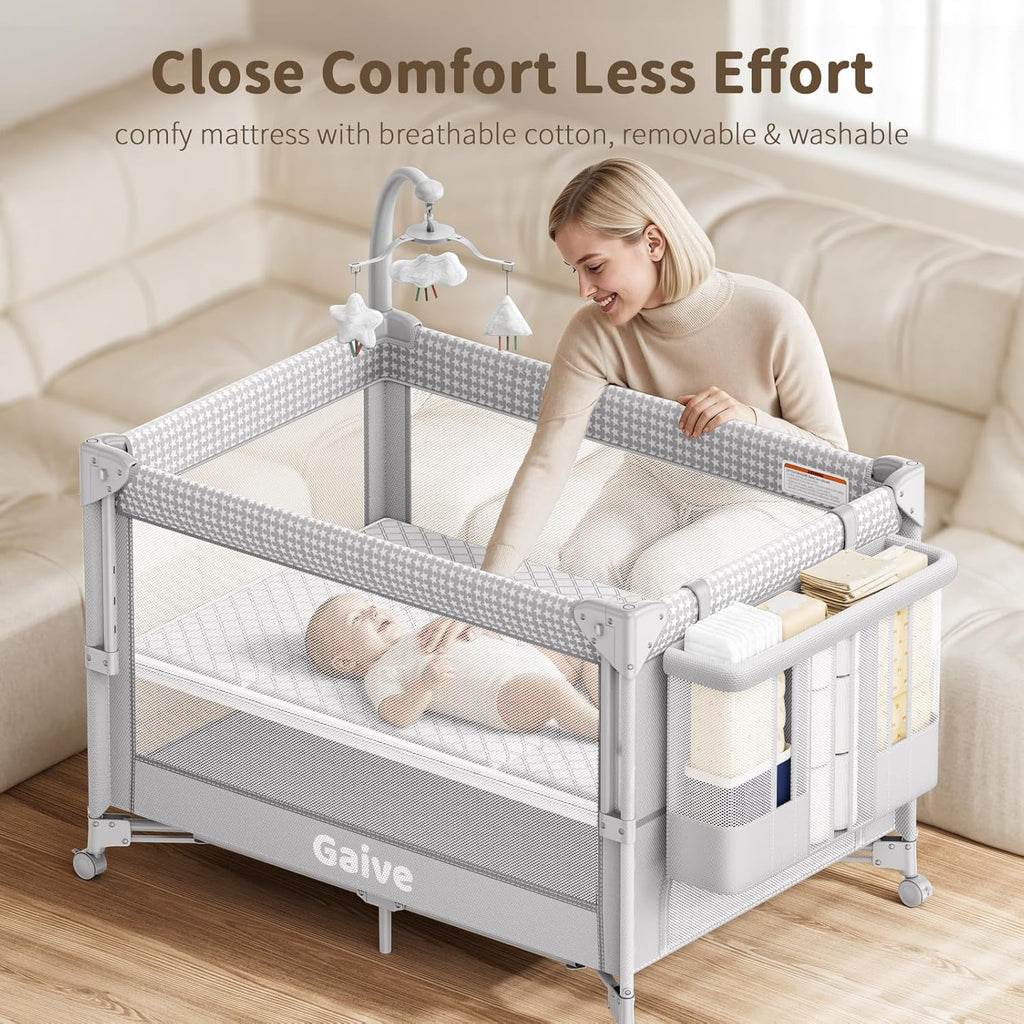 GAIVE 4 in 1 Baby Bassinet, One-Push Setup Pack and Play, Bedside Crib Sleeper with 3 Height Adjustable .Diaper Changer, Come with Comfy Mattress, Rotating Toy Bar, from Infants to Toddlers (Grey)