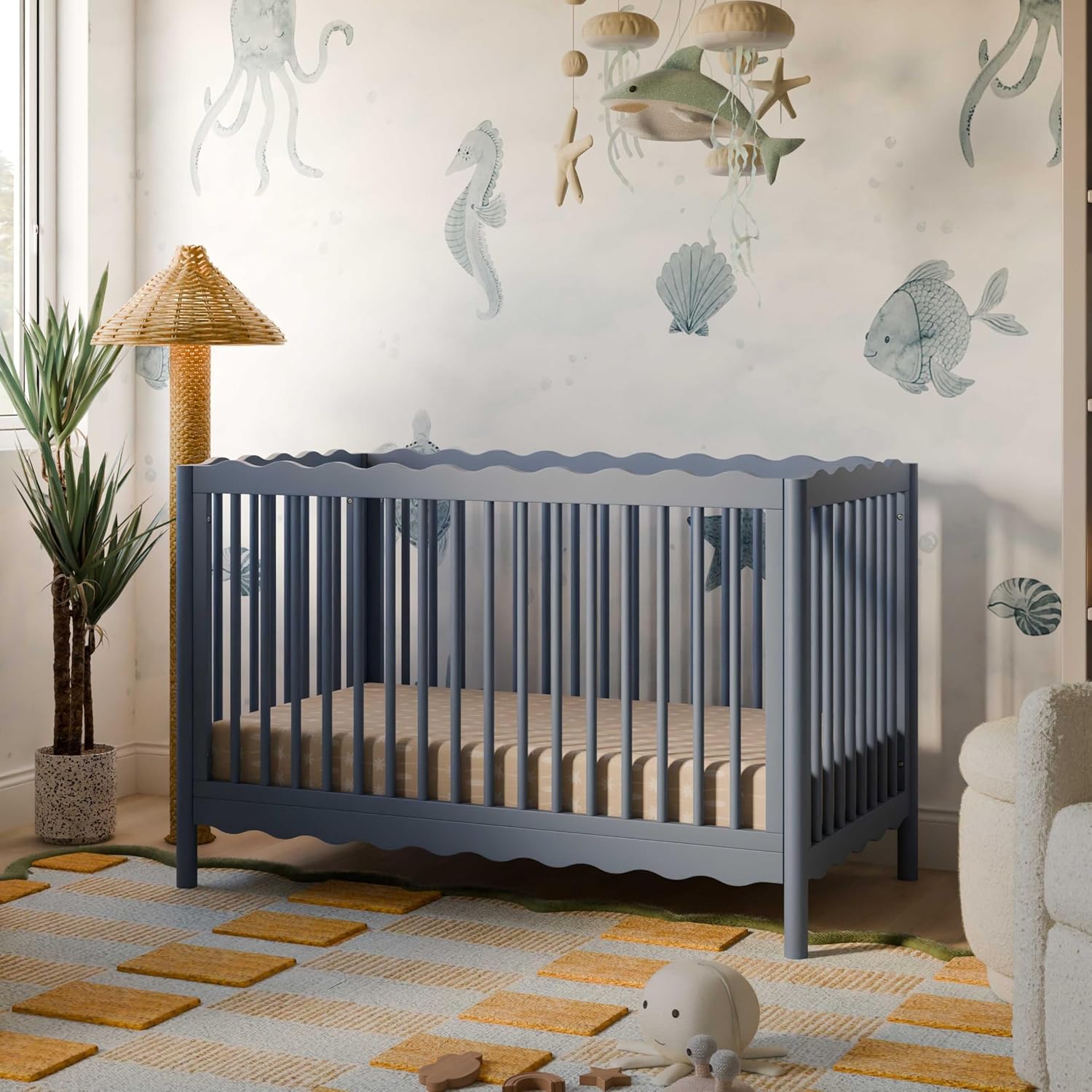 Babyletto Swell 4-in-1 Convertible Crib with Toddler Bed Conversion Kit in Cove Blue, Greenguard Gold Certified, Made of 100% Solid Wood