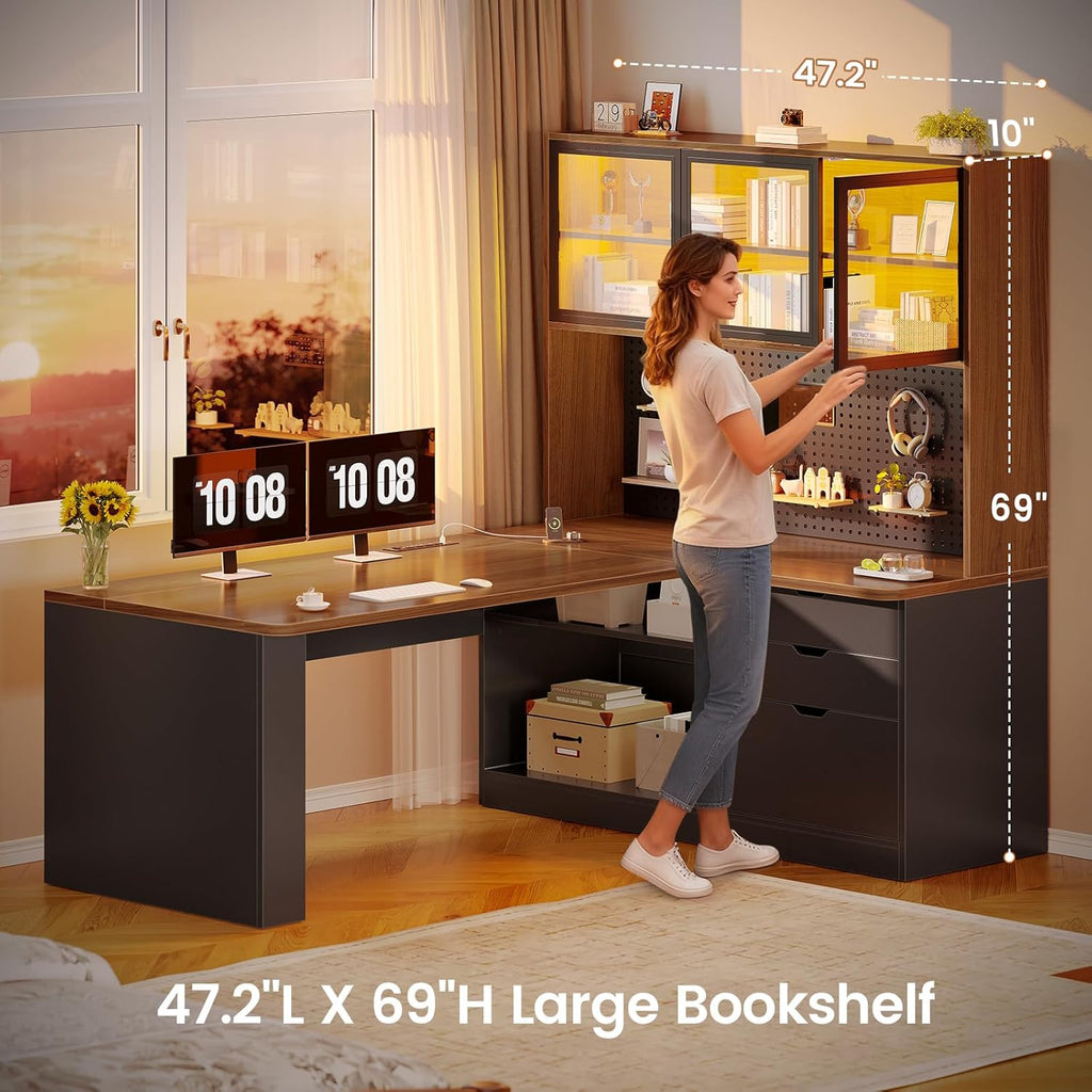 SEDETA L Shaped Office Desk, Computer Desk with 3 Wood Drawer and Large Bookshelf, L Shaped Corner Gaming Desk with LED Light, Display Cabinet and Pegboard, 27.5" W Large Desktop Table, Brown