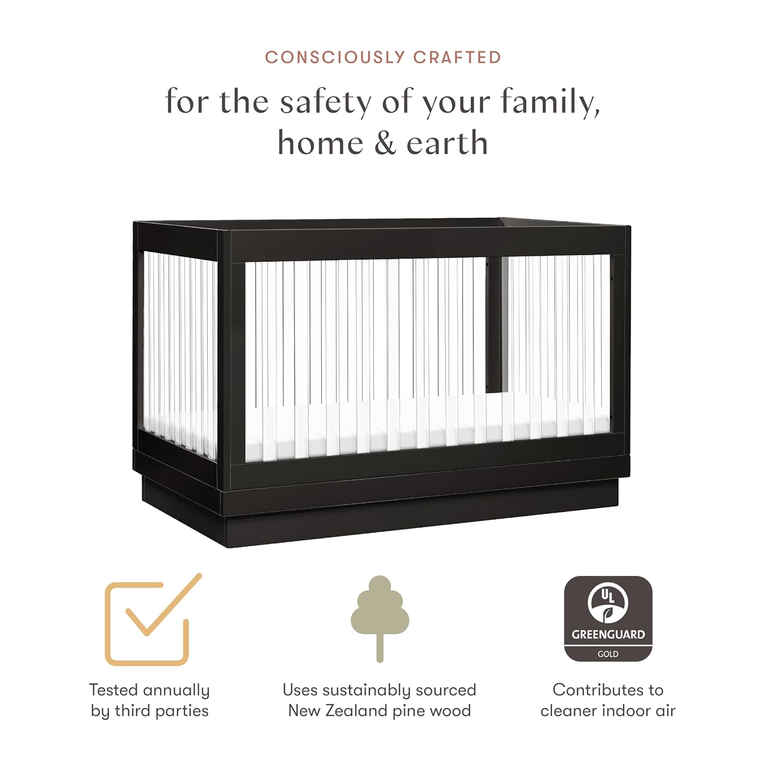 Babyletto Harlow Acrylic 3-in-1 Convertible Crib with Toddler Bed Conversion Kit in Black with Acrylic Slats, Greenguard Gold Certified