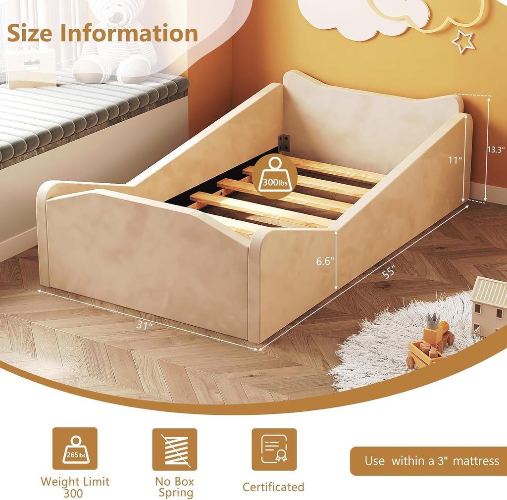 JOYMOR Toddler Bed, Floor Bed with Safety Guadrail, Montessori Toddler Bed with Animal Ear Shapes, Soft Velvet Wood Bed for Infant, Kids, Mattress not Included (Beige)