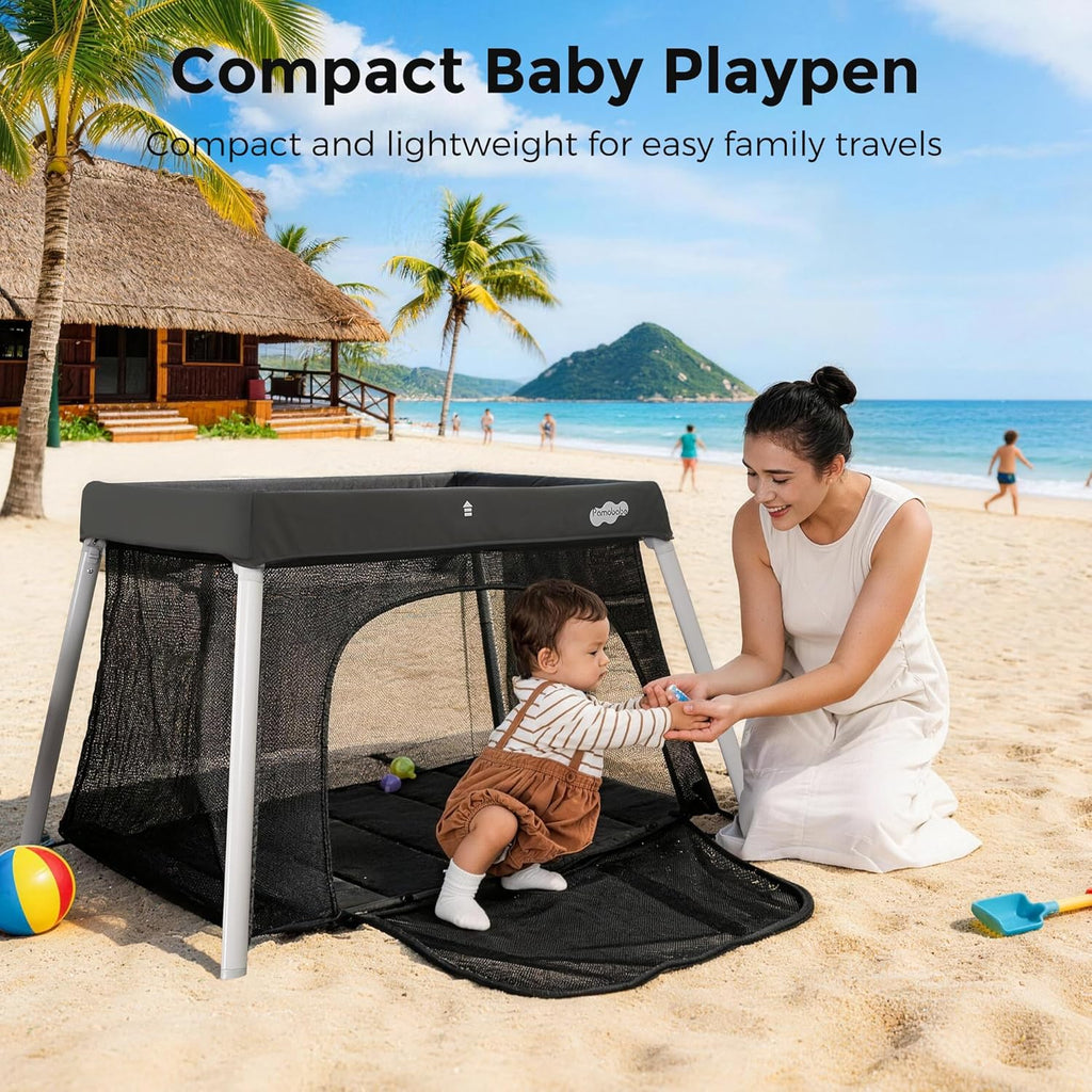 Pamo Babe Travel Pack and Play, Certified Baby Safe Travel Crib, Extra Large Portable Playpen with Mattress & Zipper Door, Portable Crib Lightweight Foldable Baby Travel Bed - Grey