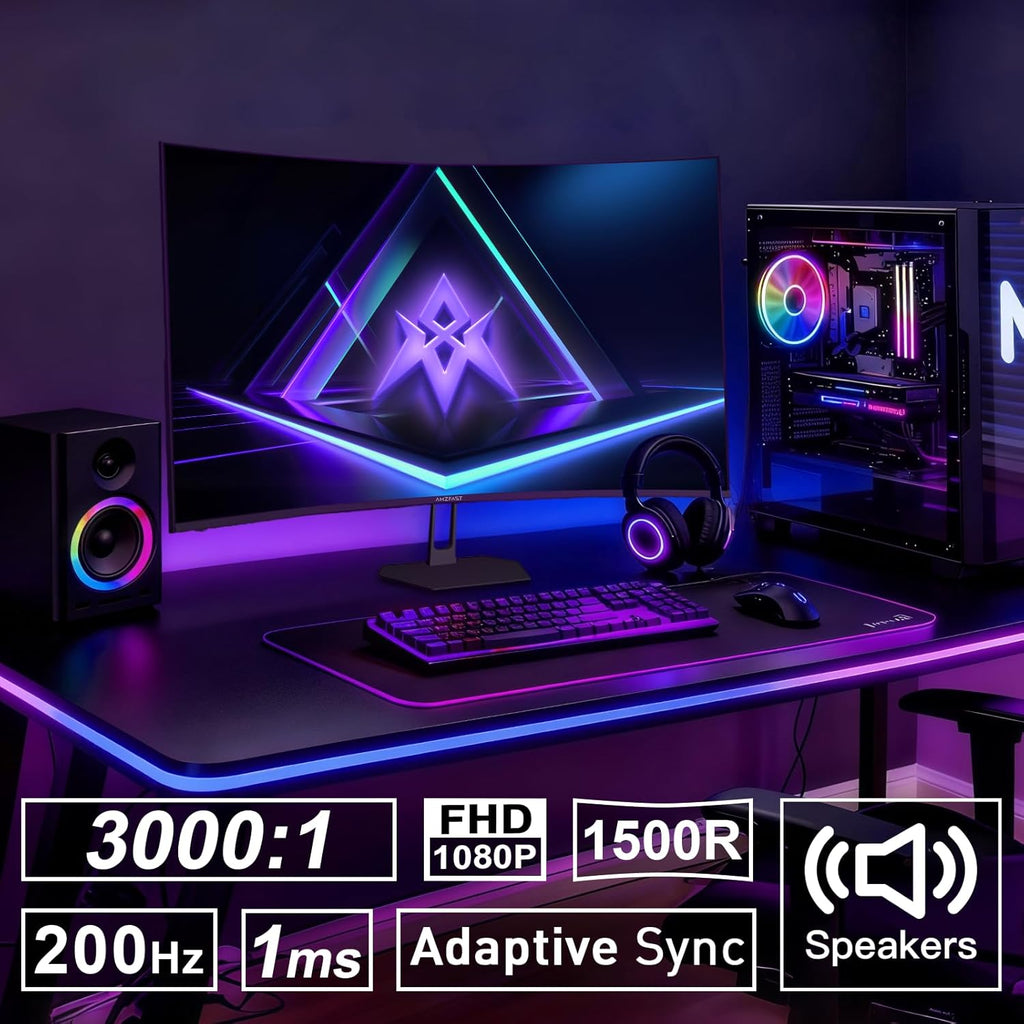 Amzfast 27 inch 200Hz Curved Gaming Monitor, FHD 1080p with Built-in Speakers, FreeSync, MPRT 1ms, 130% sRGB, 3000:1, 1500R, VESA Mount, HDMI 2.0&DP 1.4, 12 Months Warranty Exchange