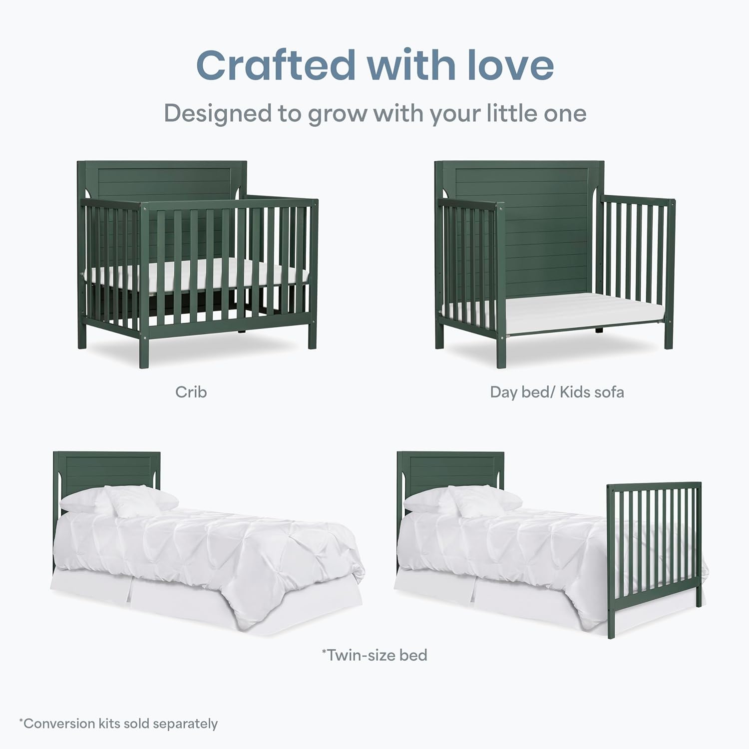 Dream On Me Bellport 4-in-1 Convertible Mini Baby Crib, Compact Design in Safari Green, GreenGuard Gold & BSA, Non-Toxic, Pinewood, Converts to Mini Daybed & Twin Bed, 1″ Mattress Pad