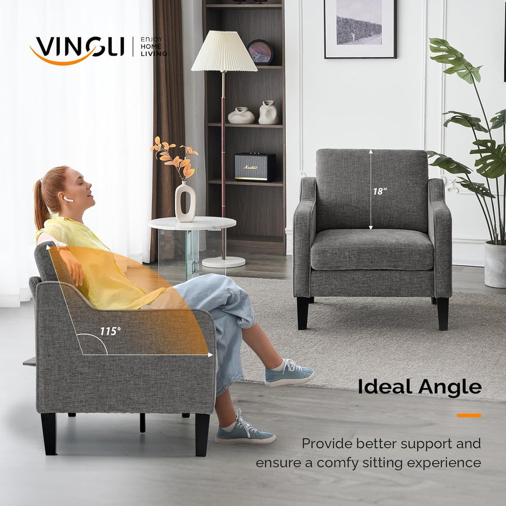 VINGLI Mid Century Modern Accent Chair - Soft Chenille Upholstered Comfy Armchair for Living Room, Bedroom, Home Office, Apartment, Studio (Light Grey)