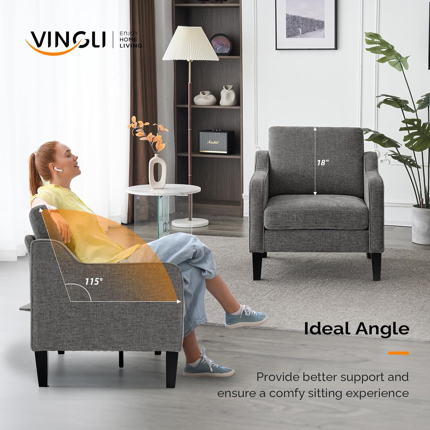 VINGLI Mid Century Modern Accent Chair - Soft Chenille Upholstered Comfy Armchair for Living Room, Bedroom, Home Office, Apartment, Studio (Light Grey)