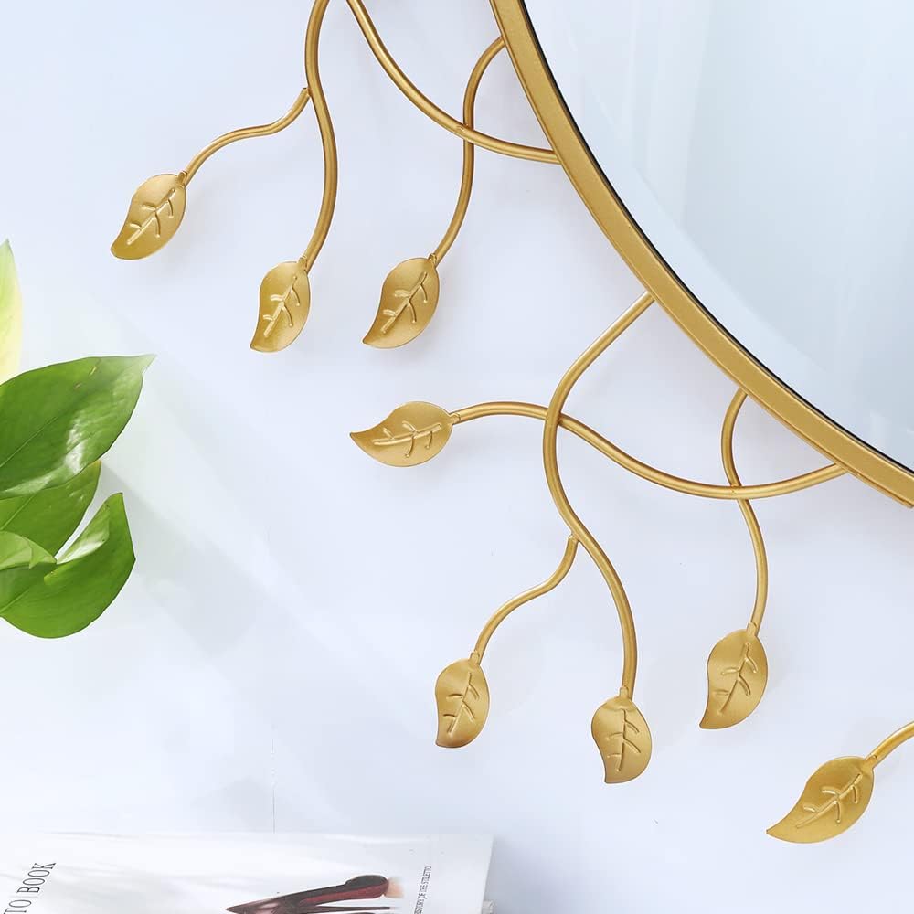 Chende 39" x 39" Gold Decorative Wall Mirror, Large Round Mirror with Metal Leaves, Gold Frame for Living Room, Entrance, Dining Room, Bedroom
