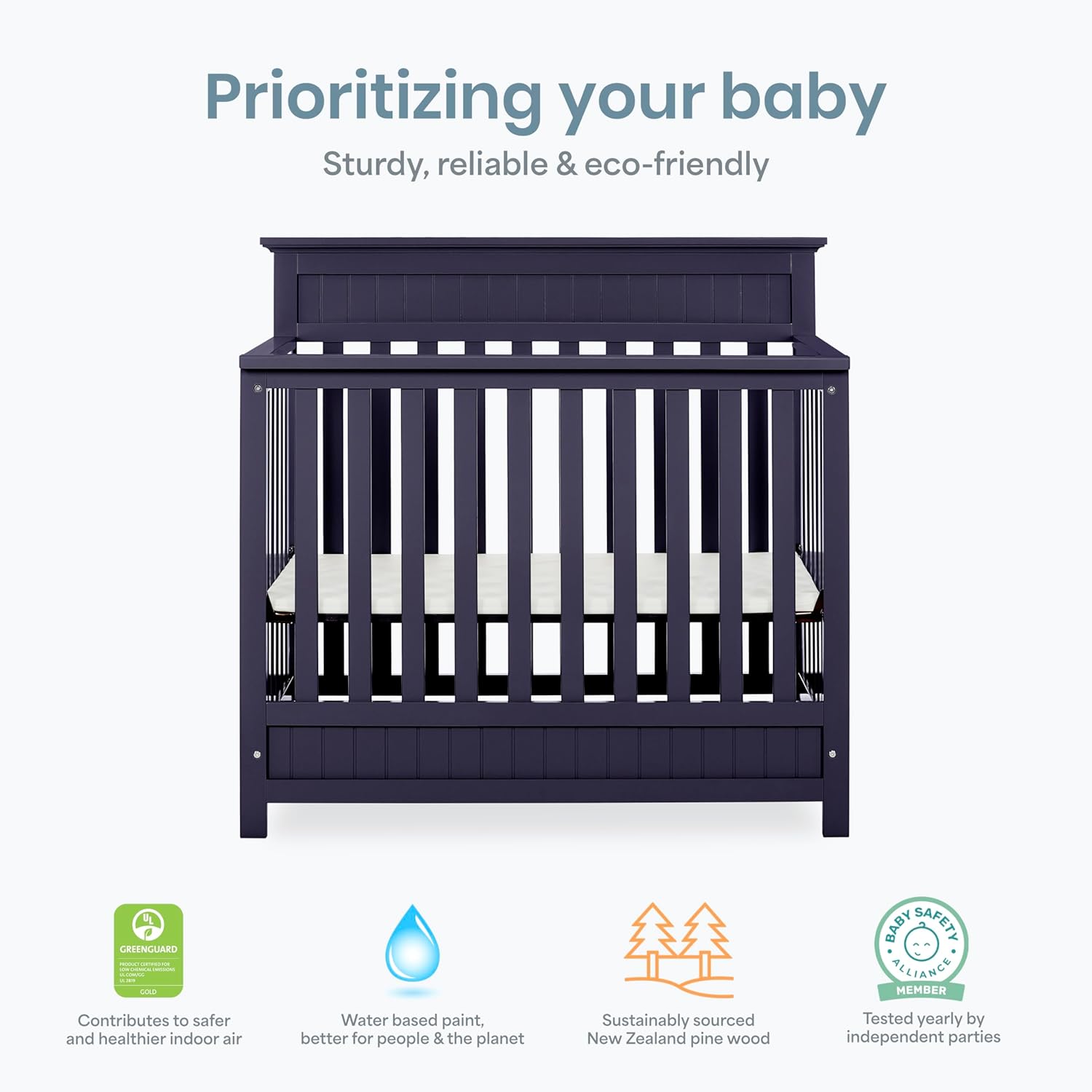 Dream On Me Harbor 4‑in‑1 Convertible Mini Baby Crib in Navy, GreenGuard Gold & BSA, Non-Toxic, Pinewood, Converts to Mini Daybed & Twin Bed, 1″ Mattress Pad, Perfect for Small Nurseries