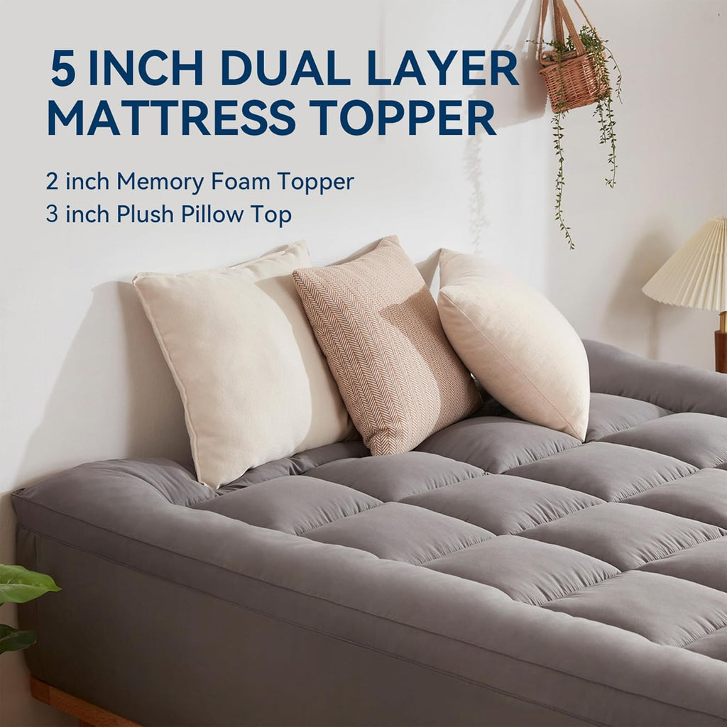 BDEUS Dual Layer 5 Inch Memory Foam Mattress Topper Queen Size, 2 Inch Gel Memory Foam Plus 3 Inch 1450 GSM Down Alternative Quilted Pillow Top Mattress Pad Cover,Dark Gray