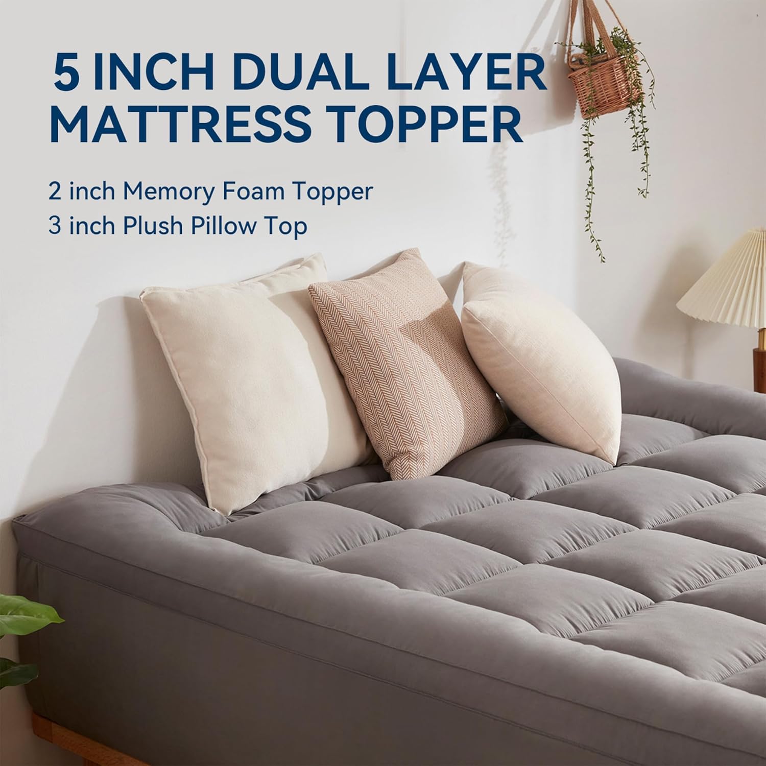BDEUS Dual Layer 5 Inch Memory Foam Mattress Topper Queen Size, 2 Inch Gel Memory Foam Plus 3 Inch 1450 GSM Down Alternative Quilted Pillow Top Mattress Pad Cover,Dark Gray