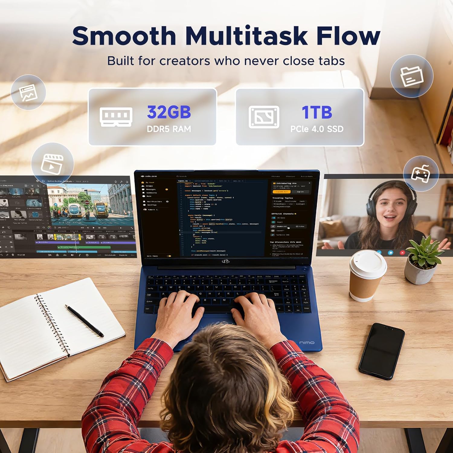 NIMO 17.3" Gaming-Laptop, AMD Ryzen 7 8745HS (Up to 4.9GHz Beat R9 7940HS) 32GB RAM 1TB SSD Radeon 780M, USB 4.0 FHD PC for AI Multitasking & Remote Video Creators Streaming 2-Yr Warranty