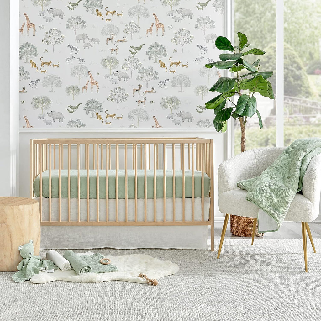 Levtex Baby - Cloud Muslin Crib Bed Set - Baby Nursery Set - Sage and White Stars - Sage Textured Muslin - 5 Piece Set Includes Quilt, Fitted Sheet, Two Swaddles & Bear Lovey