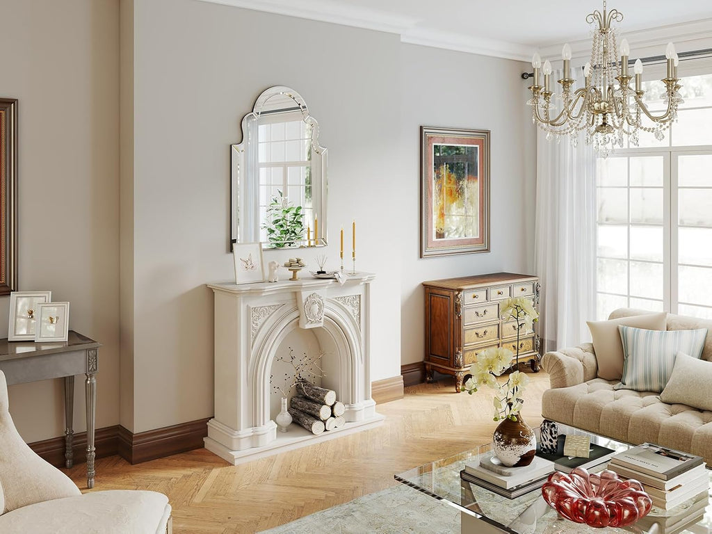 Large Arched Mirror Wall Decor, 39.4"x27.6" Scalloped Decorative Wall Mirror with Beveled Glass Frame, Bathroom, Bedroom, Living Room, or Entryway