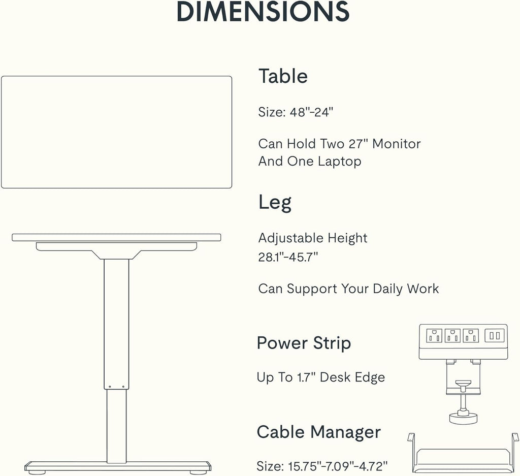 FLEXISPOT EN2 Whole-Piece Standing Desk with Clamp Power Strip, 48x24 Electric Stand Up Height Adjustable Desk with Cable Management (White Frame + 48" White Top)