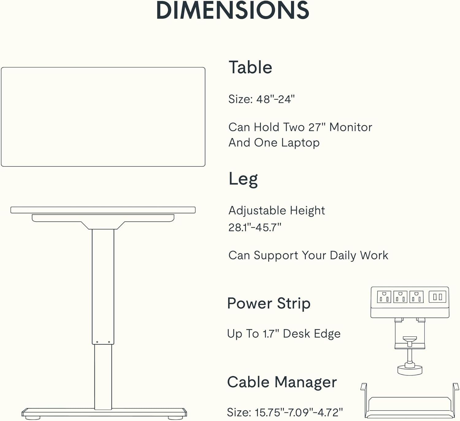 FLEXISPOT EN2 Whole-Piece Standing Desk with Clamp Power Strip, 48x24 Electric Stand Up Height Adjustable Desk with Cable Management (White Frame + 48" White Top)
