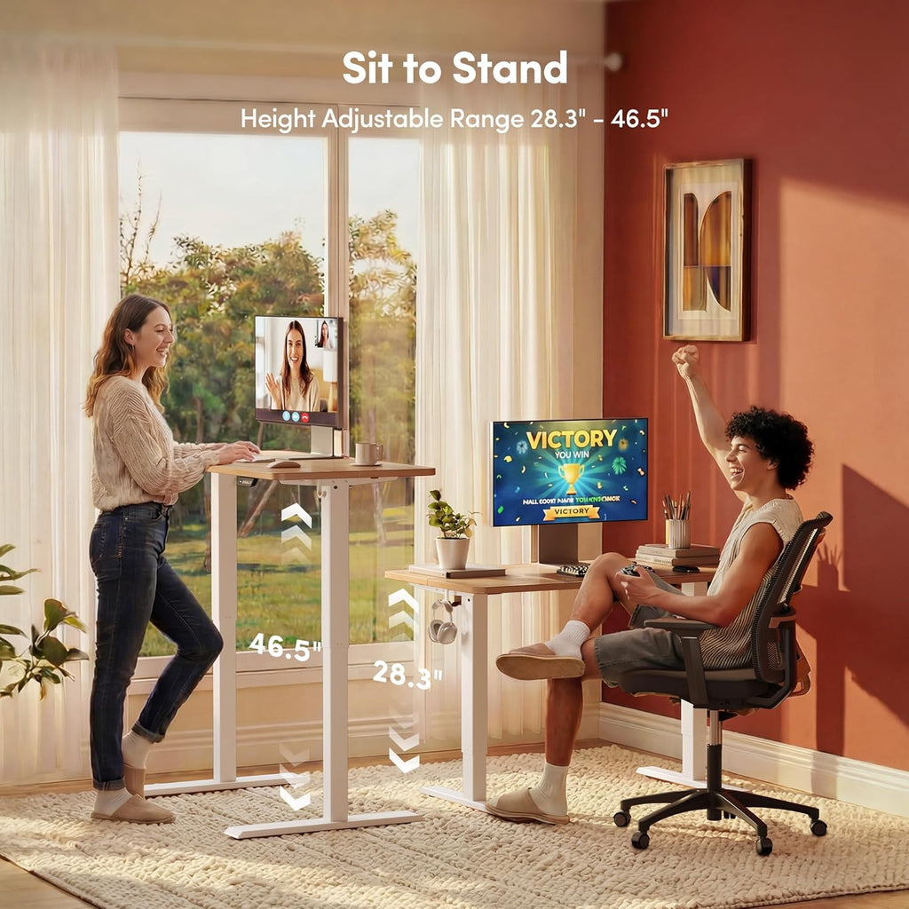 FEZIBO Standing Desk, 48 × 24 Inches Electric Height Adjustable, Sit and Stand Up, Computer Office Desk with Splice Board, White Frame/Maple TOP